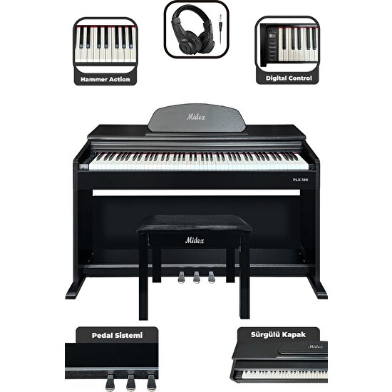 Midex PLX-190BK Siyah Dijital Piyano 88 Tuşlu Hammer Action ve Tuş Hassasiyeti