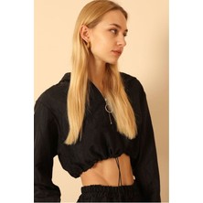 Kaktüs Moda Jakar Kumaş Kapüşonlu Soğan Desen Kadın Crop Sweat-Siyah