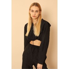 Kaktüs Moda Jakar Kumaş Kapüşonlu Soğan Desen Kadın Crop Sweat-Siyah