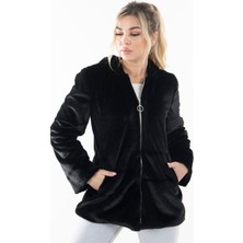 Feminist Siyah Fermuarlı Oversize Kapüşonlu Çift Cepli Peluş Mont 0108078.0110