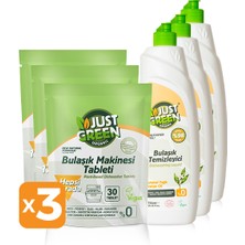 Just Green Organic Bulaşık Makinesi Tableti 3 x 30 Tablet + Elde Bulaşık Deterjanı 3 x 750 ml