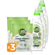 Just Green Organic Bulaşık Tableti 3 x 30 Tablet + Jel Bulaşık Temizleyici 3 x 1 lt