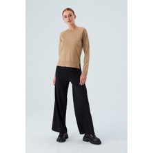 Peraluna Vanessa Pullover Merino Yünlü Yanları Yırtmaçlı Ince Kadın Triko Kazak Camel Melanj