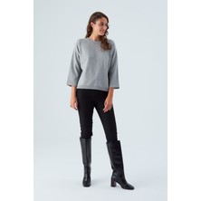 Peraluna Nell Pullover Yanları Yırtmaçlı 3/4 Kol Ince Kadın Triko Kazak gri Melanj