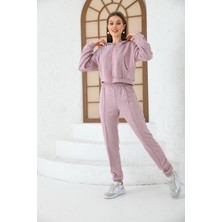 Moviment Kadın Lila Kapüşonlu Bel ve Paça Lastikli Şerit Detaylı Yumoş Eşofman Takımı10