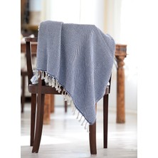 Barine Yünlü Balıksırtı Dokuma Koltuk Şalı Battaniye Lacivert