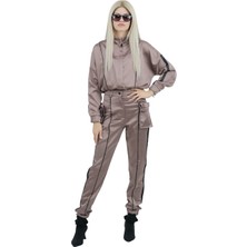 Sentt Şeritli Saten Takım Kahverengi