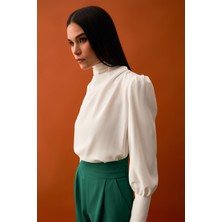 Sateen Drape Detaylı  Bluz - Ekru