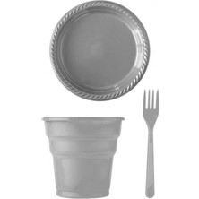 EC Shop Boncukavm Gümüş Plastik Tabak Çatak Bardak Seti 75 Parça