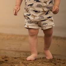 Antebies Organik Gri Melanj Denizde Yaşam Desenli Yandan Cepli Tahta Düğme Detaylı Beli Lastikli Erkek Bebek Şort