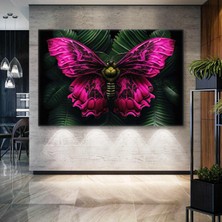 Sml Tablo Yeşil Yapraklar Önünde Duran Detaylı Tropik Pembe Kelebek Kanvas Tablo