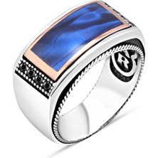 Amberkan Lacivert Mineli Kenarları Minik Siyah Zirkon Taşlı Erkek Yüzük
