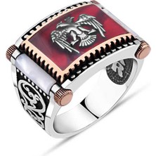 Amberkan Kırmızı Mine Üzeri Çift Başlı Selçuklu Kartalı Yanları Sedef Erkek Yüzük

