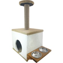 Patiderm Kare Kedi Evi Ikili Çelik Mama Kabı ve Tırmalama Platformu- Bej