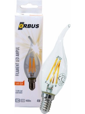 Orbus C37 4W Filament Bulb Clear Kıvrık Uç E14 400LM RA80 220- 240V/50Hz Ampul - 2700K Sarı Işık