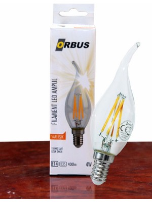 Orbus C37 4W Filament Bulb Clear Kıvrık Uç E14 400LM RA80 220- 240V/50Hz Ampul - 2700K Sarı Işık