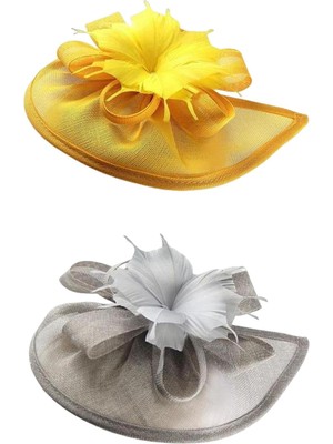 2x Mesh Fascinator Şapka Şapkası Kokteyl Çay Partisi Gelin Sarı Gri (Yurt Dışından)