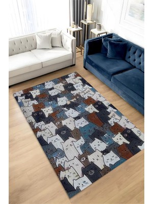 Homshtag Kedi Yüzleri Mavi Renkli Halı Minimal Genç Odası Halısı Kedili Çocuk Odası Halısı