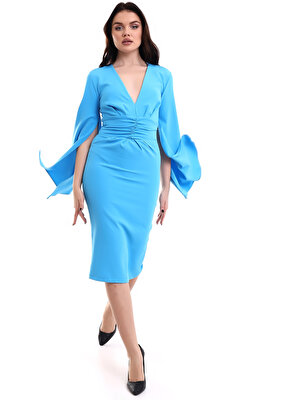 Modaness Kadın Yırtmac Kollu Midi Elbise - Mavi