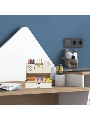 Notpa Çekmeceli Kalpli Desenli Akçaağaç Masaüstü Kalemlik Organizer Montajı Yapılmış Ürün