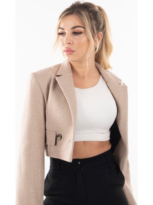 Feminist Taş Kruvaze Yaka Kaşe Crop Astarlı Blazer Ceket 0105125.50