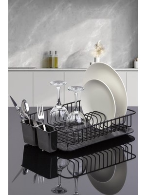 Okyanus Home Modern Metal Tabaklık - Tek Katlı, Dayanıklı, 42x27,5x9,5 cm, Siyah, 8 Tabak ve 2 Kaşıklık Kapasiteli