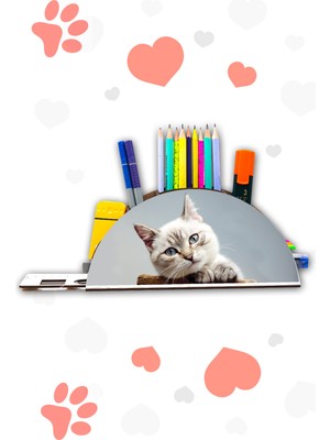 Notpa Ahşap Şirin Kedi Gökkuşağı Cetvelli Masaüstü Kalemlik Kutu Çocuklar Için Organizer NOTPAGK127