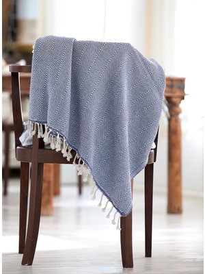 Barine Yünlü Balıksırtı Dokuma Koltuk Şalı Battaniye Lacivert