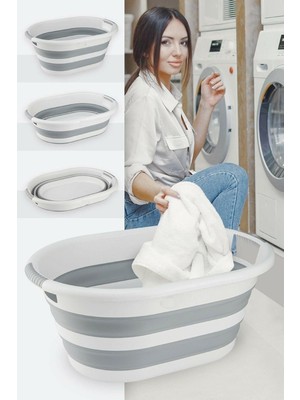 Irak Plastik 40 Lt Katlanır Çamaşır Sepeti Gri Silikon Kulplu Kolay Taşınabilir Tasarım