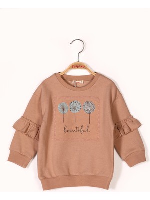 Zeyland Kız Çocuk Kolları Fırfırlı Beautiful Baskılı Sweatshirt (2-7yaş)