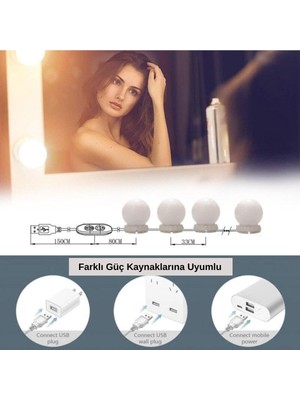 Lisinya Nostalji Hollywood Tarzı 10 Lu Makyaj Masası Aynası Beyaz LED Işıklı Lamba USB