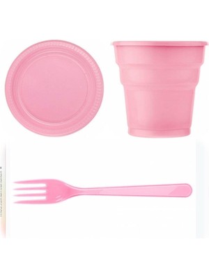 EC Shop Deniz Tabak Bardak Çatal Set 25 Li Yuvarlak 22 cm ( Pembe ) Dnz