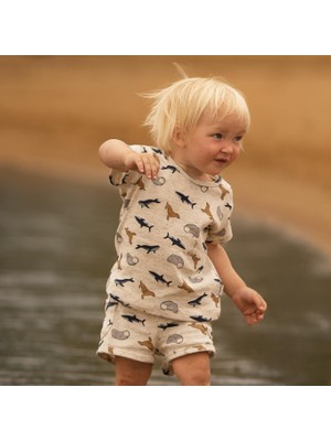 Antebies Organik Gri Melanj Denizde Yaşam Desenli Kısa Kollu Erkek Erkek Bebek Tshirt