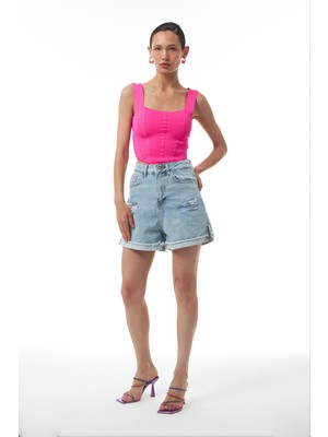 Quzu Askılı Crop Triko Neon Pembe