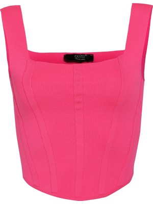 Quzu Askılı Crop Triko Neon Pembe