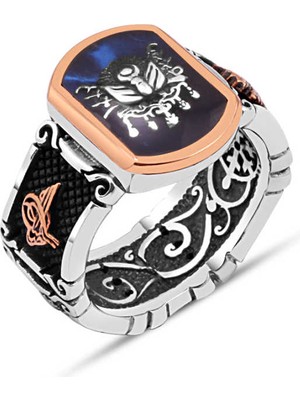 Amberkan Mavi Mine Üzeri Osmanlı Devlet Armalı Erkek Yüzük
