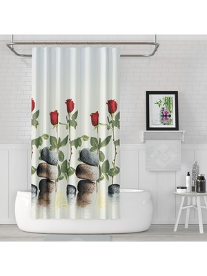 Tropik Home 180X200CM Banyo Perdesi Kırmızı Gül Desen Duş Perdesi-Tek Kanat Küvet Perdesi 12 Adet C Halka Hediye