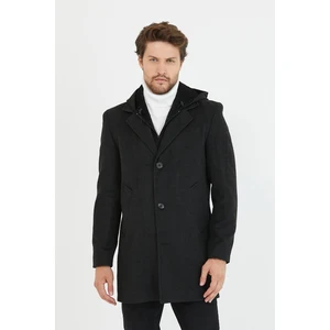 Mero Life Erkek Antrasit Yün Karışımlı Kaşe Kapüşonlu Önü Fermuarlı ve Düğmeli Uzun Kaban