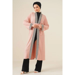 5865 Nakışlı Örme Uzun Kimono - Pudra