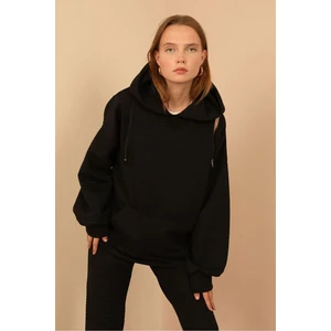 Kaktüs Moda Petek Kumaş Uzun Kol Kapüşonlu Fermuar Detaylı Kadın Sweatshirt-Siyah