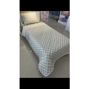 Denizli Çeyiz Çift Taraflı Tek Kişilik Kapitone Yatak Örtüsü Takımı Zincir Bej