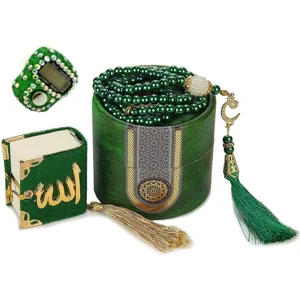 Mini Silindir Kutulu Mevlit Hediye Seti Yeşil (Mini Kuranı Kerim+Inci Tesbih 99+Taşlı Zikirmatik)