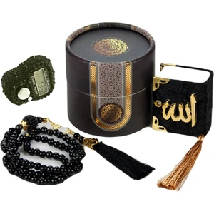 Mini Silindir Kutulu Mevlit Hediye Seti Siyah(Mini Kuranı Kerim+Inci Tesbih 99+Taşlı Zikirmatik)