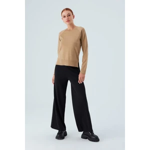Vanessa Pullover Merino Yünlü Yanları Yırtmaçlı Ince Kadın Triko Kazak Camel Melanj