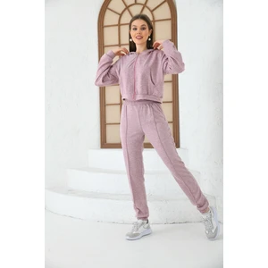 Kadın Lila Kapüşonlu Bel ve Paça Lastikli Şerit Detaylı Yumoş Eşofman Takımı10