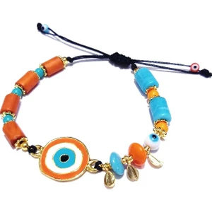 Funny Takı Turuncu Mavi Beyaz Mineli Altın Kaplama Nazar Boncuklu Hint Cam Boncuklu Bileklik