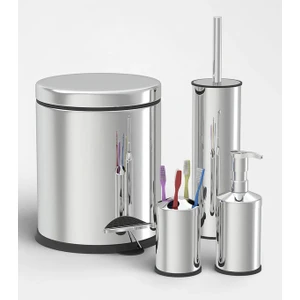 Gör Seç Paslanmaz 4'lü Set 3 Lt Pedallı Çöp Kovası Wc Klozet Tuvalet Fırça Sabunluk Diş Fırçalık Seti