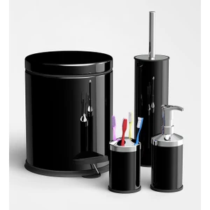 Gör Seç Siyah Çelik 4'lü Set 3 Lt Pedallı Çöp Kovası Wc Klozet Fırça Sabunluk Diş Fırçalık Banyo Seti