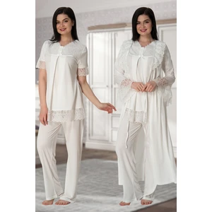 Effortt 5044 Ekru Kolları Güpürlü Sabahlıklı Lohusa Pijama Takımı