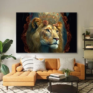 Sml Tablo Asil Aslan Ormanlar Kraliçesi Gold Çiçekli Tac Fantastik Kanvas Tablo